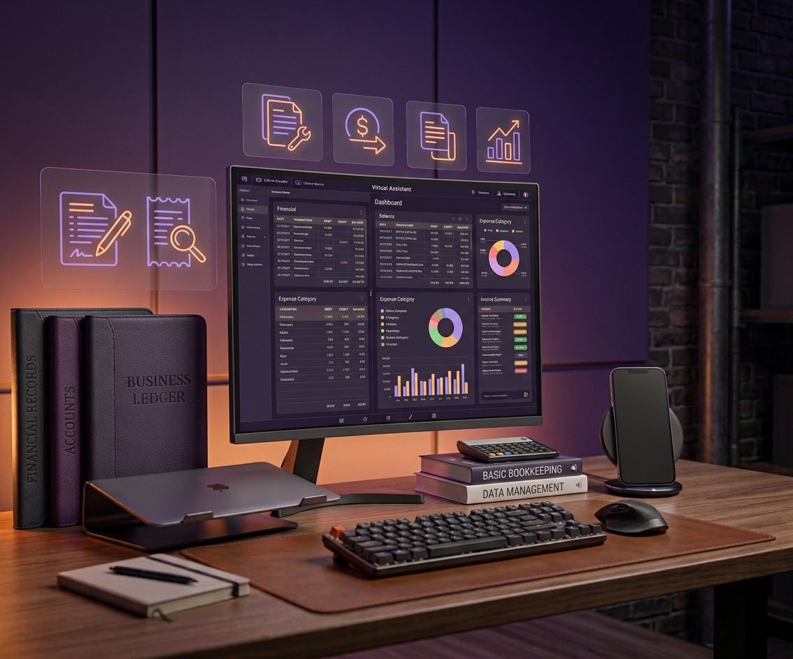 Bookkeeping dashboard with financial tables, an expense category chart and an invoice summary on a monitor, beside business ledger and bookkeeping books