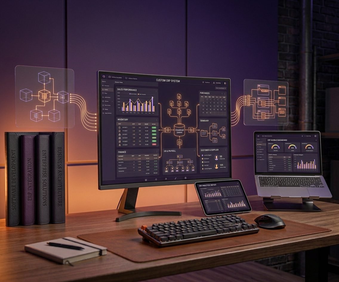 Custom ERP system dashboard on a monitor with sales, inventory, finance and a connected modules diagram, beside a laptop, a tablet and floating integration diagrams
