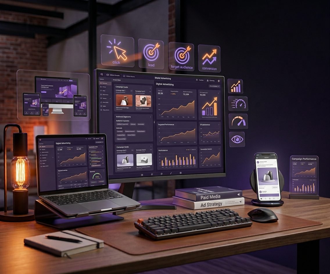 Digital advertising dashboard with campaign performance and conversion charts on a monitor and laptop, icons for click, lead, target audience and conversion, and a phone showing an ad