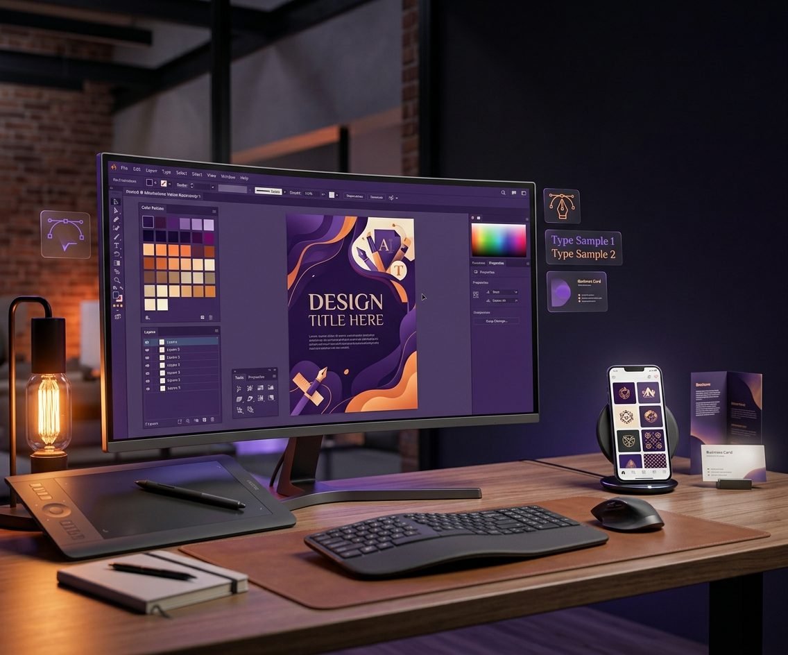 Graphic design workstation with design software open to a purple poster layout, color swatches, a drawing tablet and brand designs on a phone