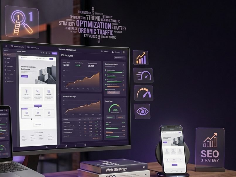 SEO analytics dashboard with organic traffic and keyword ranking charts, a keyword cloud reading optimization and organic traffic, and an SEO strategy sign