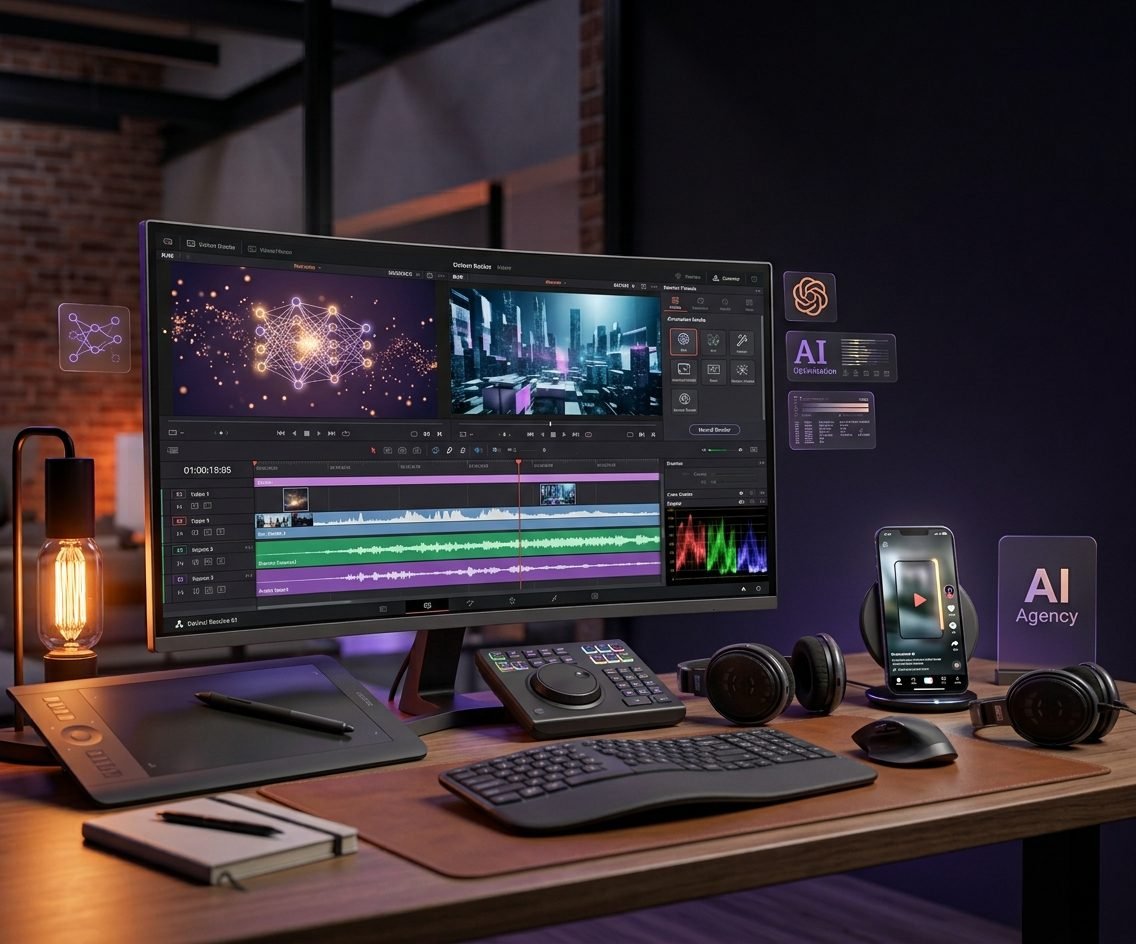 Video editing workstation with a timeline editor, audio waveforms and an AI visual preview, plus a controller, headphones and a phone playing a vertical video