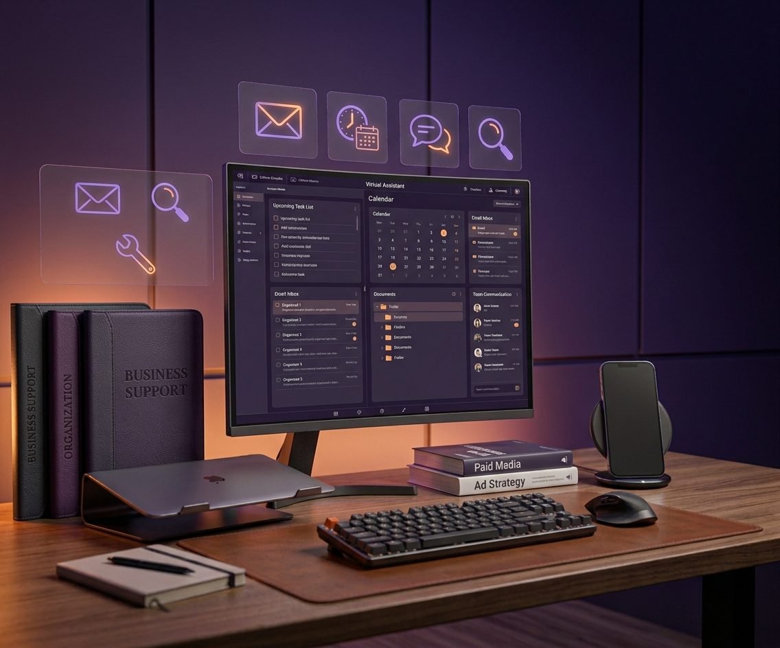 Virtual assistant workspace with a shared calendar, task list, document folders and team communication panel on a monitor, with email, clock, chat and search icons above