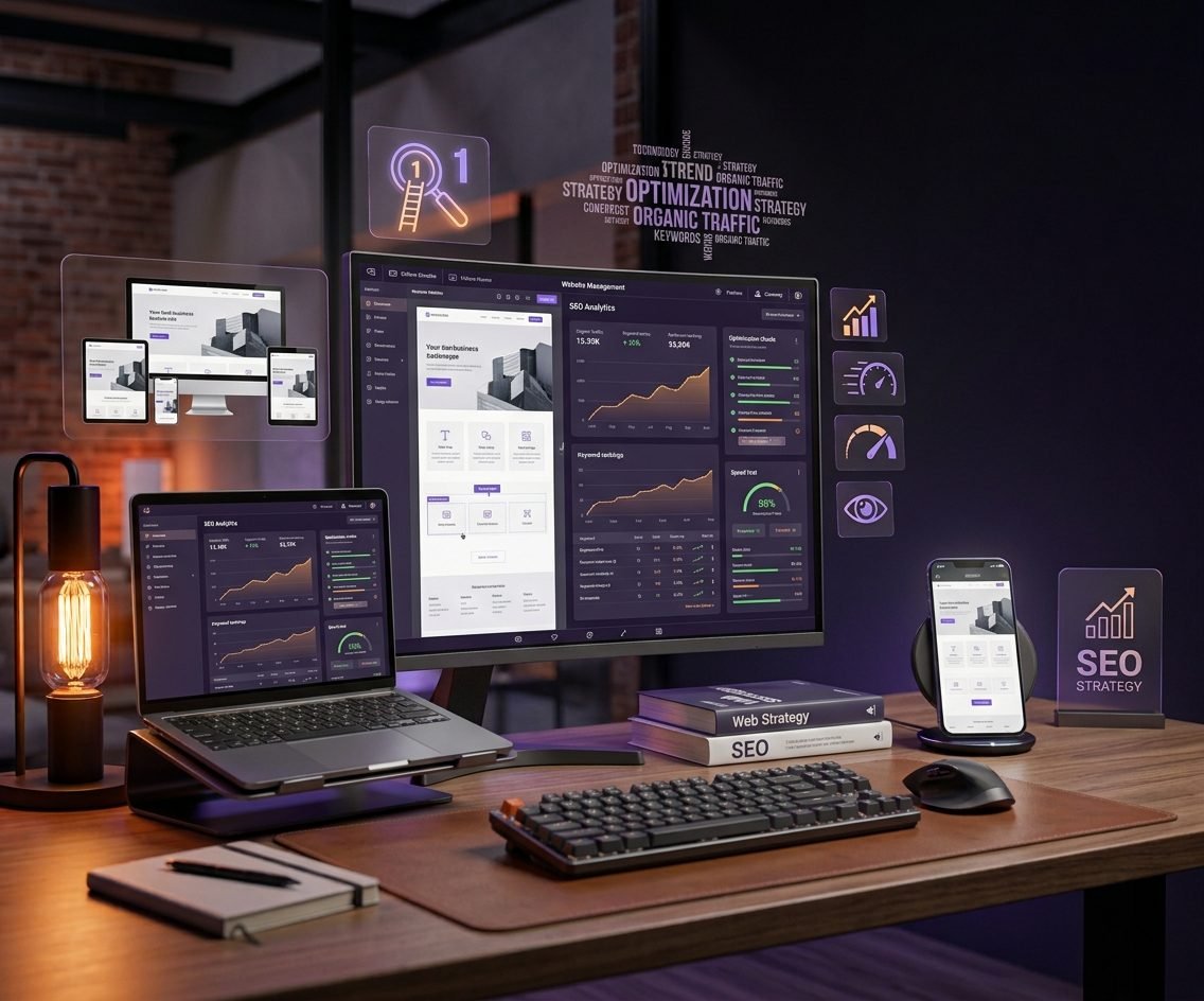 Website management workspace with a site editor and SEO analytics on a monitor and laptop, responsive page previews on several devices and books on web strategy and SEO